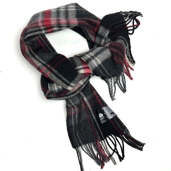 V. FRAAS Wool Cashmere Blend Gray Red Plaid Scarf Unisex - Picture 7 of 9
